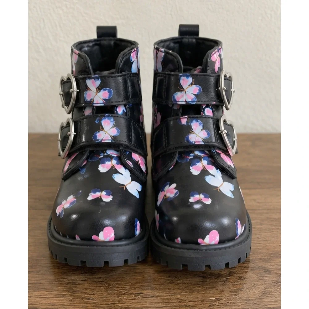 CARTER'S Girls Butterfly Heart Buckle Combat Boots Black Size 5